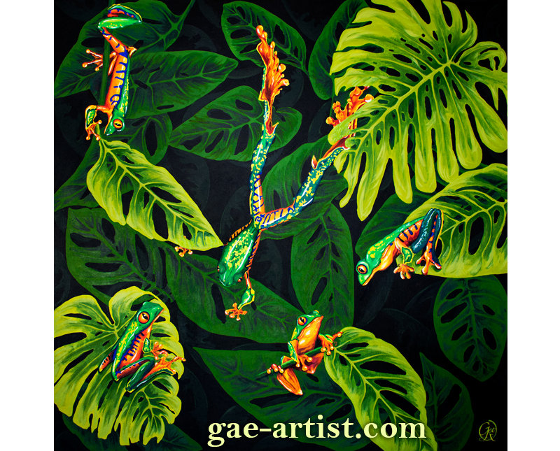 Frogs swiss cheese plant acrylic painting